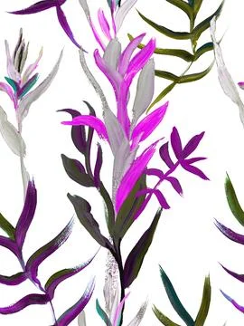 Bright seamless pattern with pink tropical flowers and leaves Stock Illustration