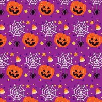 Bright seamless pattern with pumpkins and spiders on purple background Stock Illustration