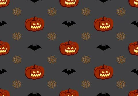 Bright seamless pattern with pumpkins, bats and spiders web Stock Illustration
