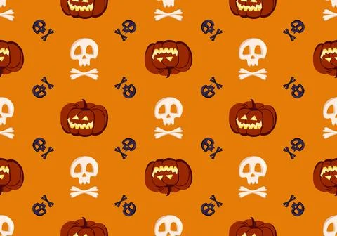 Bright seamless pattern with pumpkins, skulls and crossbones Stock Illustration