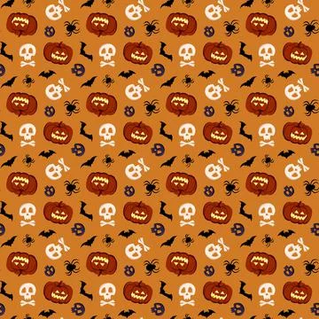 Bright seamless pattern with pumpkins, skulls, bats and spiders. Festive autumn Stock Illustration