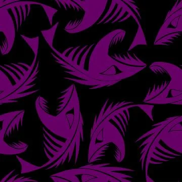 Bright seamless pattern of purple graphic fish skeletons on a black Illustrazione stock