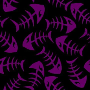 Bright seamless pattern of purple graphic fish skeletons on a black Illustrazione stock