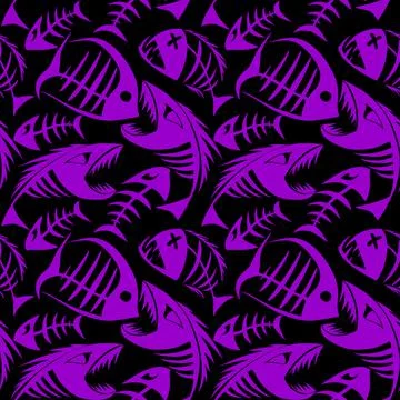 Bright seamless pattern of purple graphic fish skeletons on a black Illustrazione stock