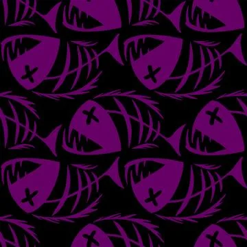 Bright seamless pattern of purple graphic fish skeletons on a black Stockillustratie