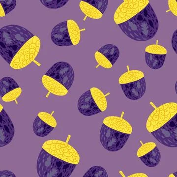 Bright seamless pattern with random chestnut yellow elements. Purple backgrou 스톡 일러스트