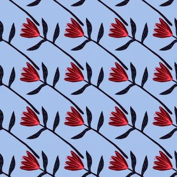 Bright seamless pattern with red abstract tulip flowers. Blue background. Han Stock Illustration