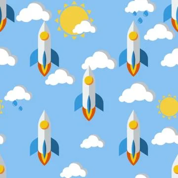 Bright seamless pattern with rockets, clouds and sun Stock Illustration