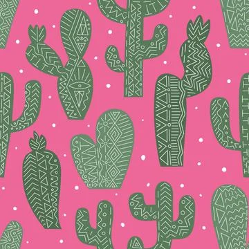 Bright seamless pattern with some sort of cactuses, succulents on pink Stock Illustration