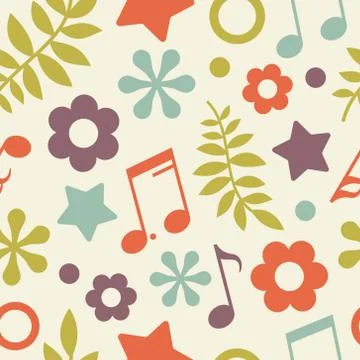 Bright seamless pattern of stars, notes and leaves Stock Illustration