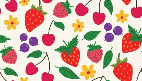 Bright seamless pattern with strawberries, blueberries, raspberries, cherri.. Illustrazione stock