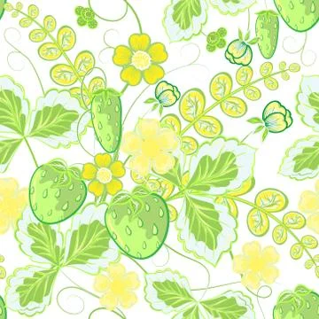 Bright seamless pattern with a strawberry, leaves and flowers in light green and Иллюстрация