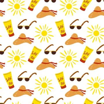 Bright seamless pattern summer beach activities and sun protection essentials Illustrazione stock