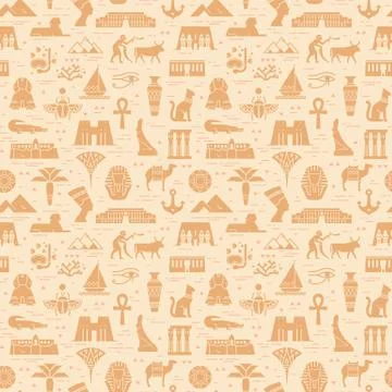 Bright seamless pattern of symbols, landmarks, and signs of Egypt from icons Stock Illustration