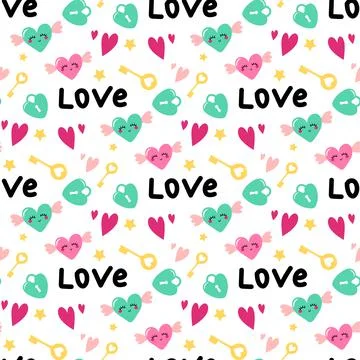 Bright seamless pattern for Valentine Day with locks, keys and heart shaped face Stock Illustration