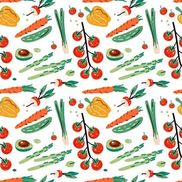 Bright seamless pattern with vegetables for kitchen design, for the menu Stock Illustration