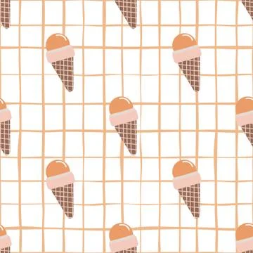 Bright seamless pattern with waffle cone ice cream on white chequered backgro Stock Illustration