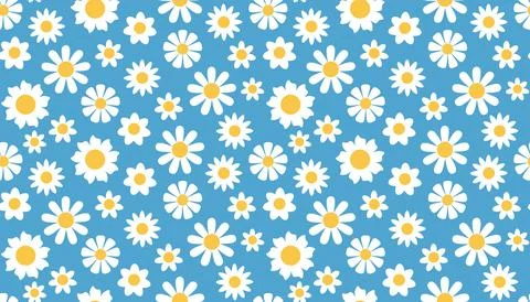 Bright seamless pattern with white daisy flower on blue background in flat .. Illustrazione stock