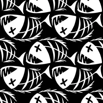 Bright seamless pattern of white graphic fish skeletons on a black background Illustrazione stock