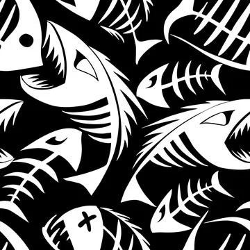 Bright seamless pattern of white graphic fish skeletons on a black background 스톡 일러스트