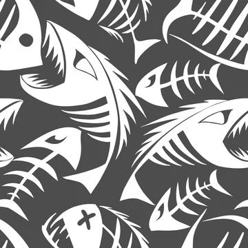 Bright seamless pattern of white graphic fish skeletons on a gray backgroun.. Illustrazione stock