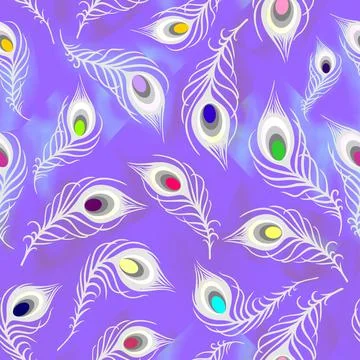Bright seamless pattern of white peacock feathers on a gray background Illustrazione stock