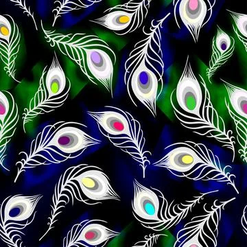 Bright seamless pattern of white peacock feathers on a black background Illustrazione stock