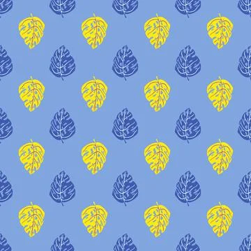 Bright seamless pattern with yellow colored monstera shapes print. Blue backg Stock Illustration