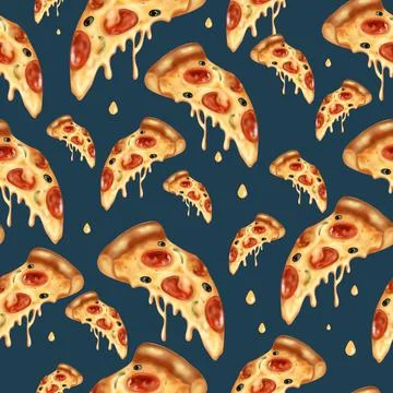 Bright seamless pepperoni pizza pattern. On dark background. No Diet Day. Tre Stock Illustration
