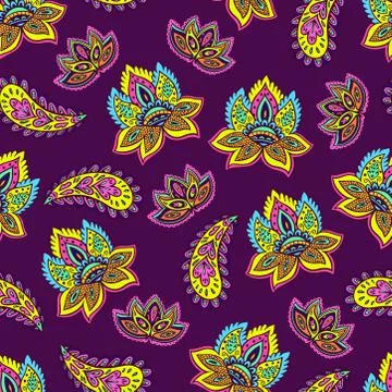 Bright seamless psychedelic pattern with floral and paisley elements Stock Illustration