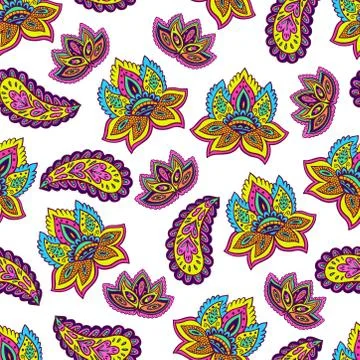 Bright seamless psychedelic pattern with floral and paisley elements Stock Illustration