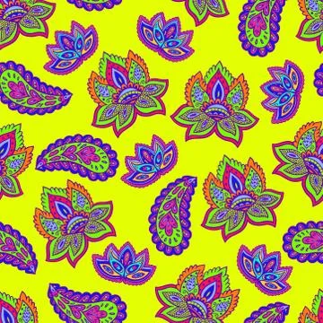 Bright seamless psychedelic pattern with floral and paisley elements Illustrazione stock