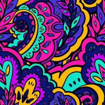 Bright seamless psychedelic pattern with plant and floral elements. Stock Illustration