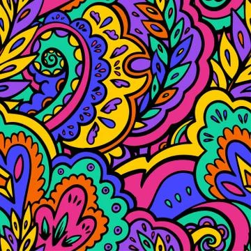 Bright seamless psychedelic pattern with plant and floral elements. Stock Illustration