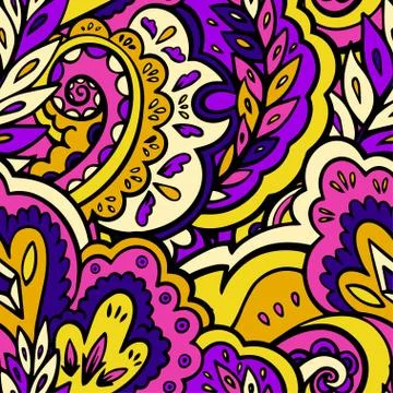 Bright seamless psychedelic pattern with plant and floral elements. Stock Illustration