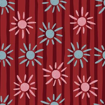 Bright seamless random pattern with pink and blue sun ornament. Red striped b Stock Illustration