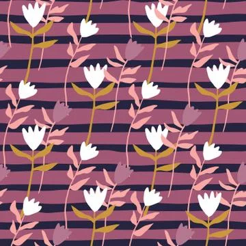 Bright seamless spring pattern with white tulip flowers. Orange and pink stem Stock Illustration