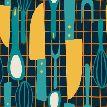 Bright seamless stylized kitchen tools pattern with knife, spoon, fork, corol Stock Illustration