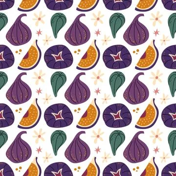 Bright seamless summer pattern featuring whole and sliced purple figs, decora Stock Illustration