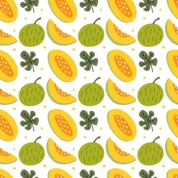 Bright seamless summer pattern featuring whole and sliced yellow melons with  Stock Illustration