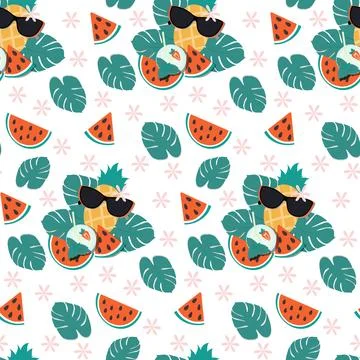 Bright seamless summer pattern of pineapple in sunglasses, watermelon slices and 스톡 일러스트
