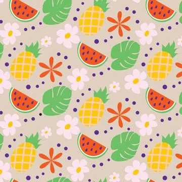Bright seamless summer pattern in trendy colors with hand drawn summer elements. Stock Illustration
