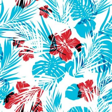 Bright seamless summer tropical pattern with palm tree leaves and hibiscus Stock Illustration