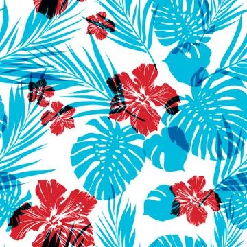 Bright seamless summer tropical pattern with palm tree leaves and hibiscus Stock Illustration