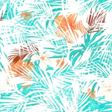 Bright seamless summer tropical pattern with palm tree leaves and hibiscus 스톡 일러스트