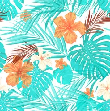 Bright seamless summer tropical pattern with palm tree leaves and hibiscus Stock Illustration