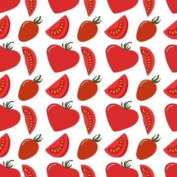 Bright Seamless Tomato Pattern with Heart Shaped Tomatoes and Slices 스톡 일러스트