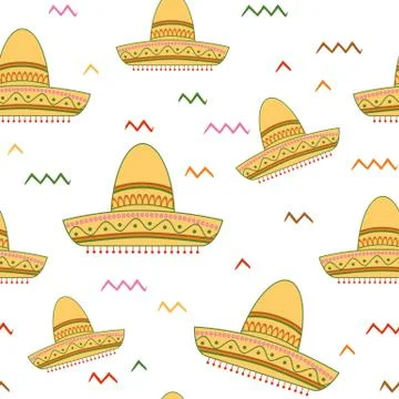 Bright seamless vector background with Mexican symbols sombrero hat Stock Illustration