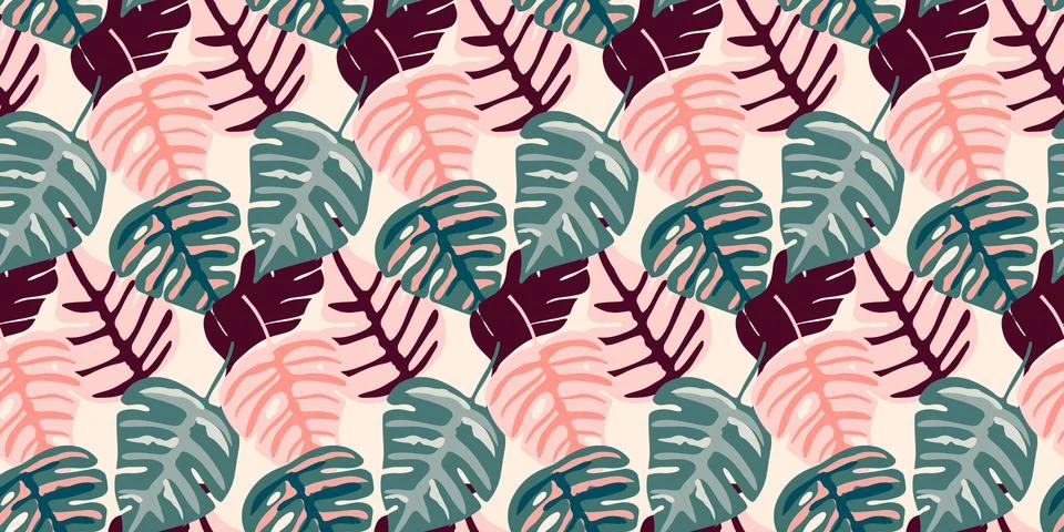 Bright seamless vector pattern with colorful monstera leaves Stock Illustration