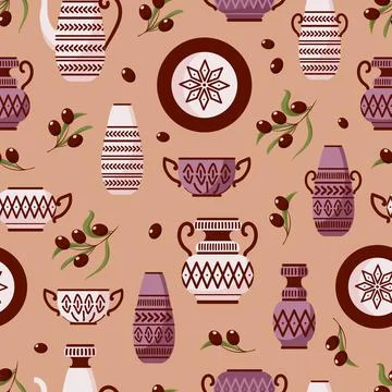 Bright seamless vector pattern Greek amphorae, vases, plates, pots and bowls Stock Illustration